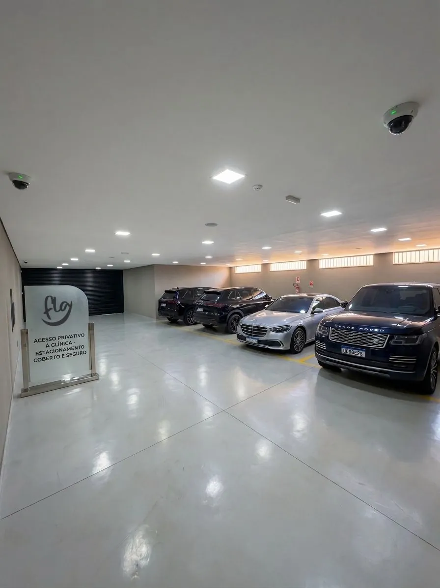 Estacionamento próprio, coberto e com acesso privativo à clínica